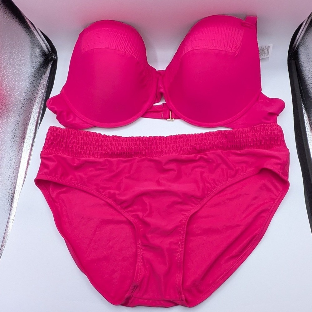 Time and Tru Size 3X Top 2X Bottom Hot Pink Underwire Smocked Bikini Set NWOT